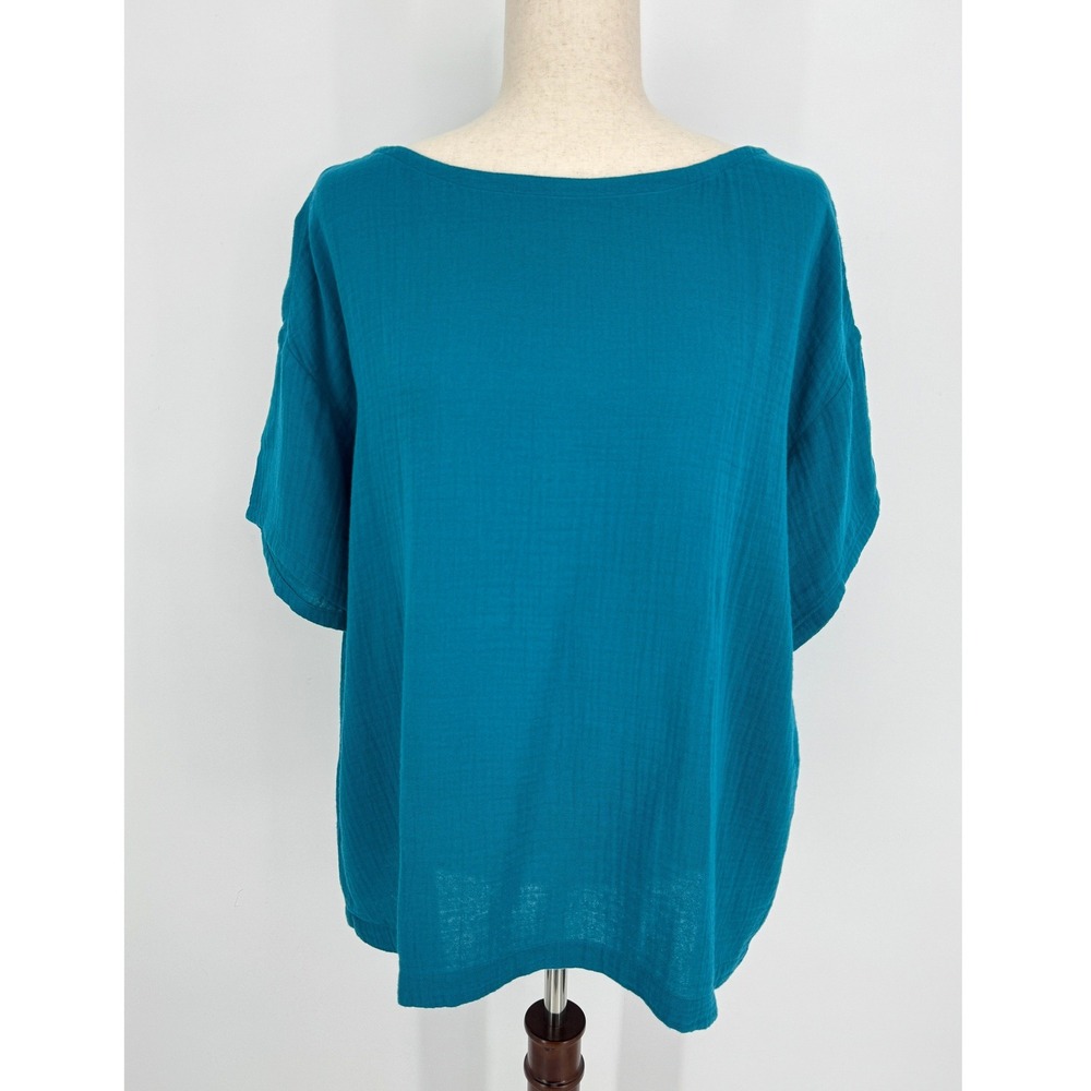 Eileen Fisher Organic Cotton Gauze Boxy Top Medium Teal Short Sleeve Boat Neck